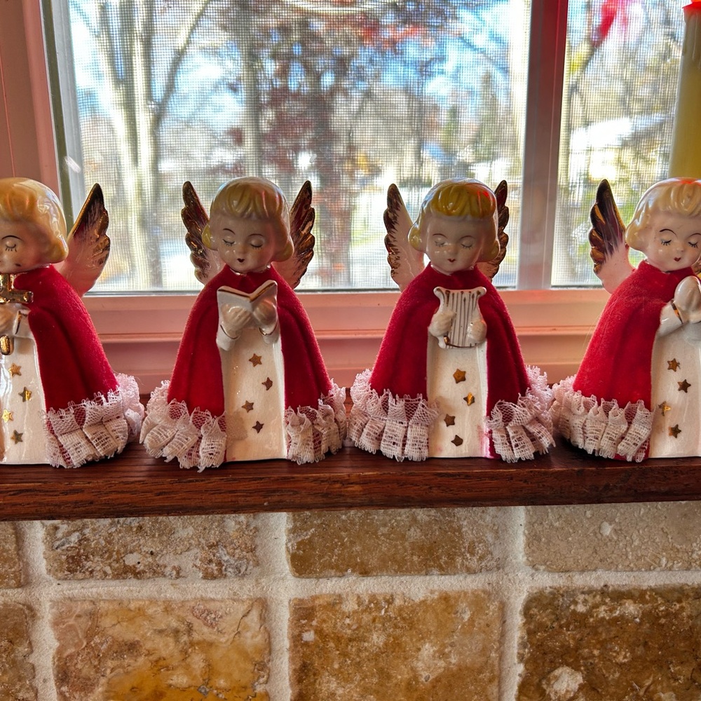 Vintage 1950 flocked ceramic Angel Figurines MINT Japan